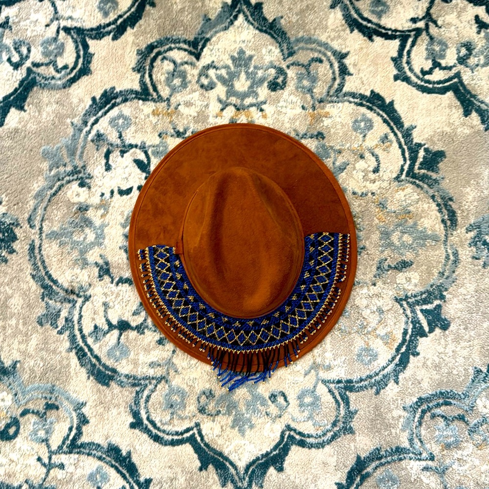Brown suede cowboy hat with seed beading